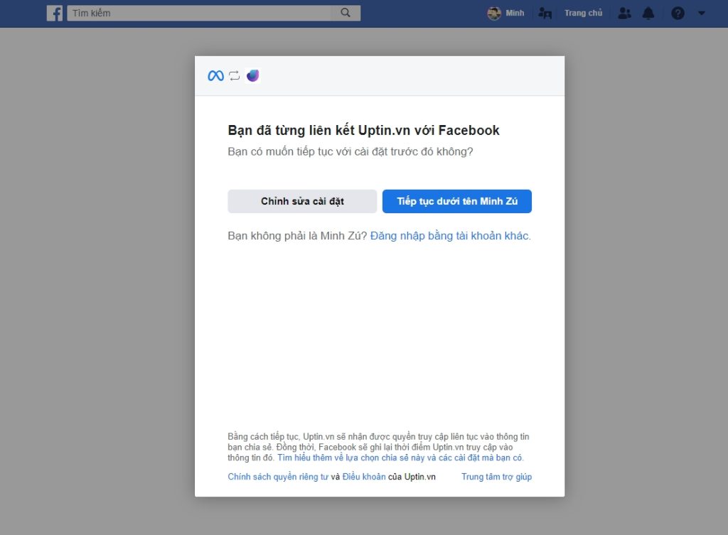 Meta Facebook yêu cầu bạn cấp quyền cho Uptin để liên kết tài khoản